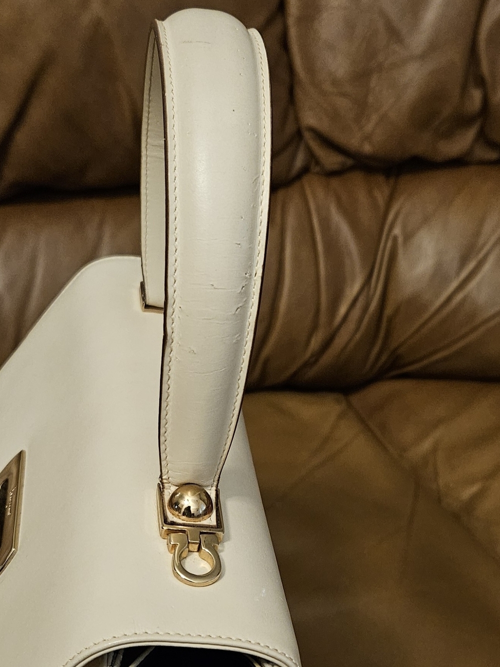 Salvatore Ferragamo Cream Leather Top-Handle Satchel with Gold Hardware - Picture 14 of 16
